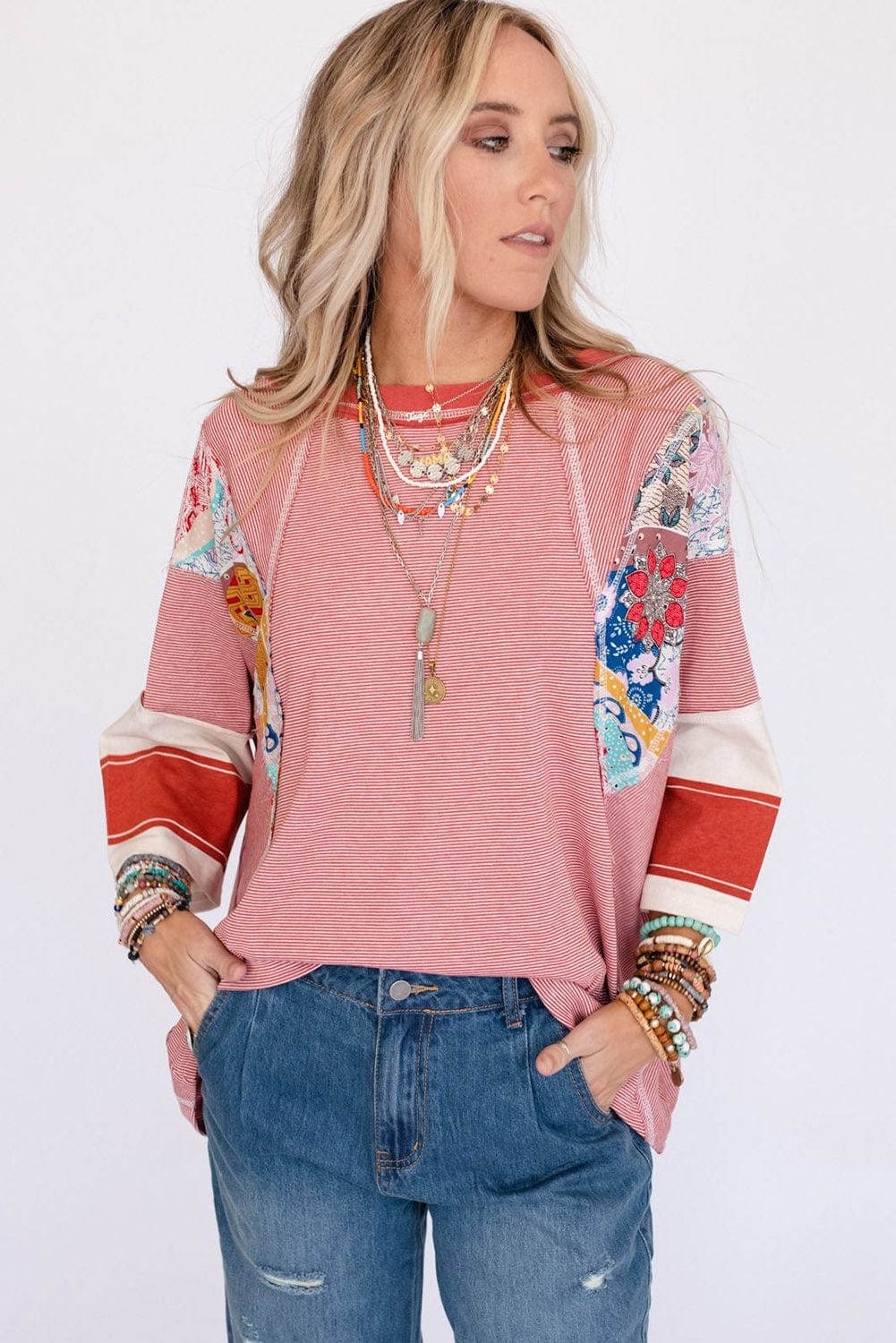 Fiery Pink Striped Patchwork Shift Top