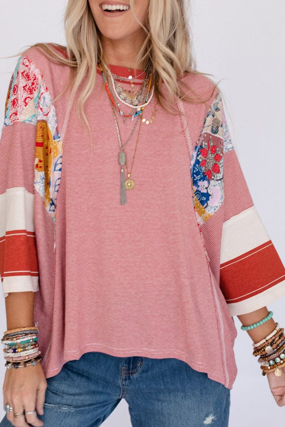 Fiery Pink Striped Patchwork Shift Top
