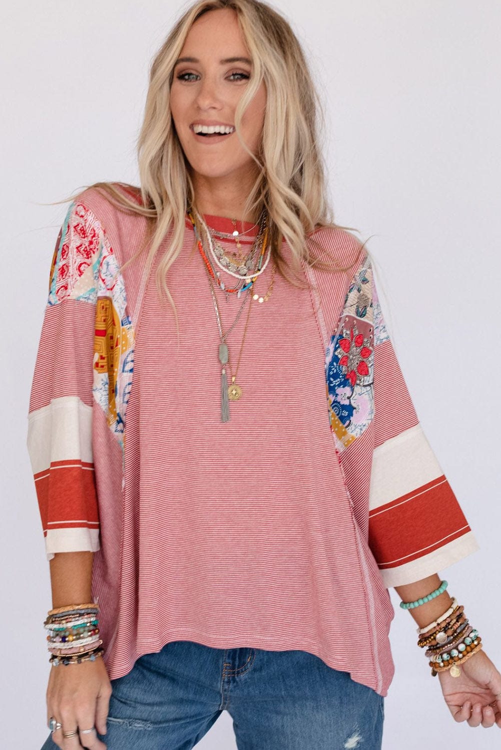 Fiery Pink Striped Patchwork Shift Top