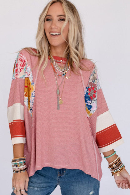 Fiery Pink Striped Patchwork Shift Top