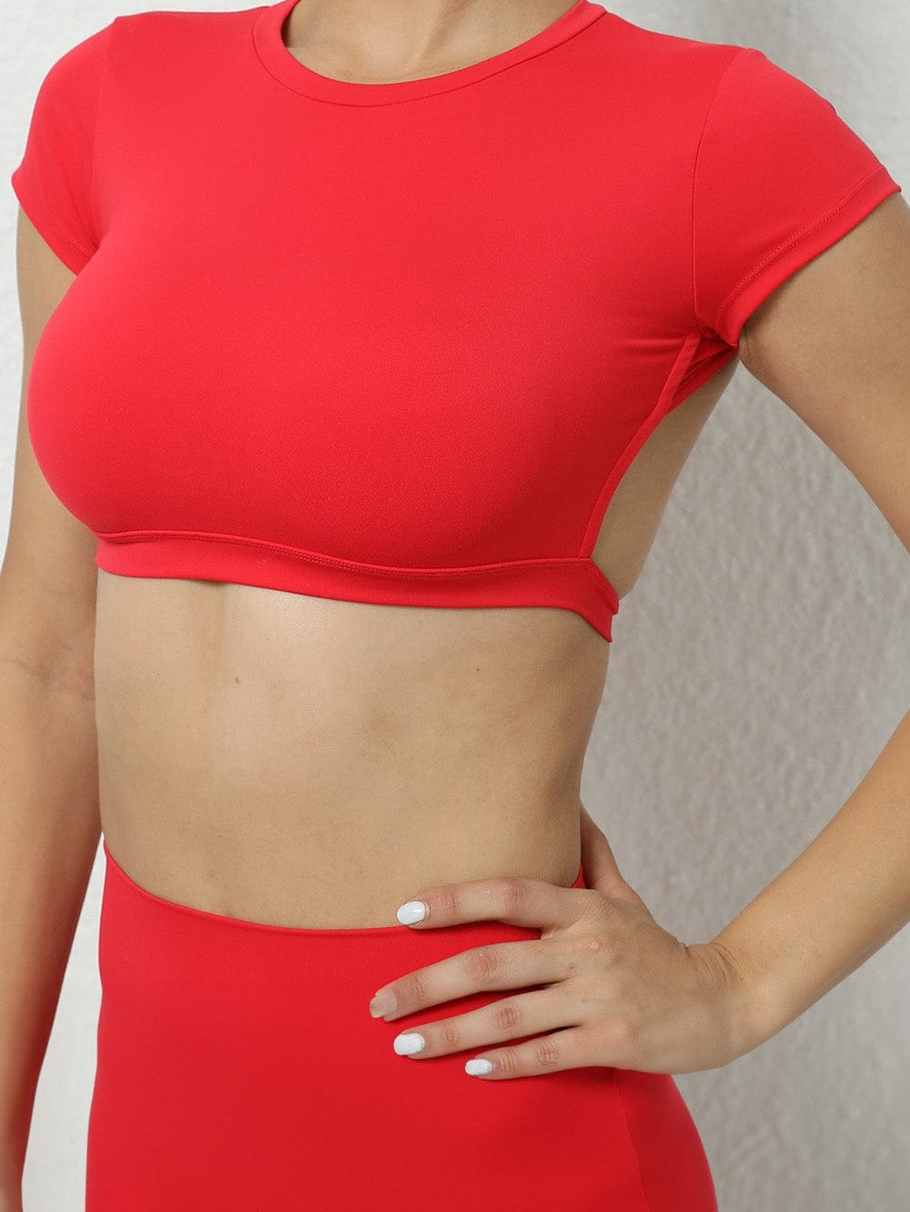 Fiery Red Backless Crop Top with Short Sleeves for Active Wear