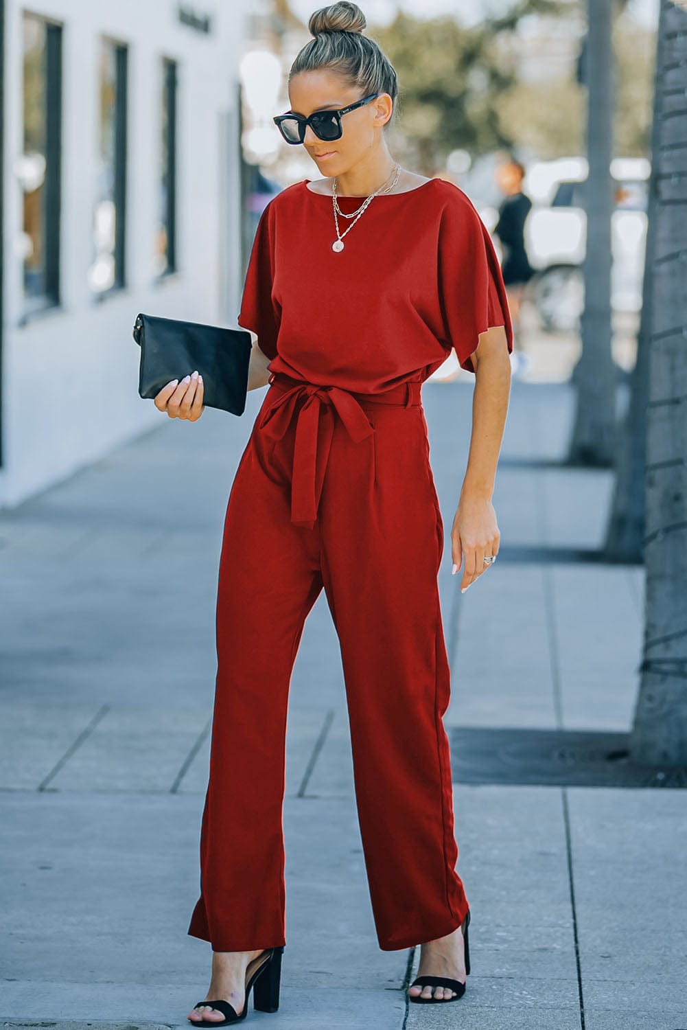 Solid Five-Point Sleeve Belted Wide-Leg Jumpsuit