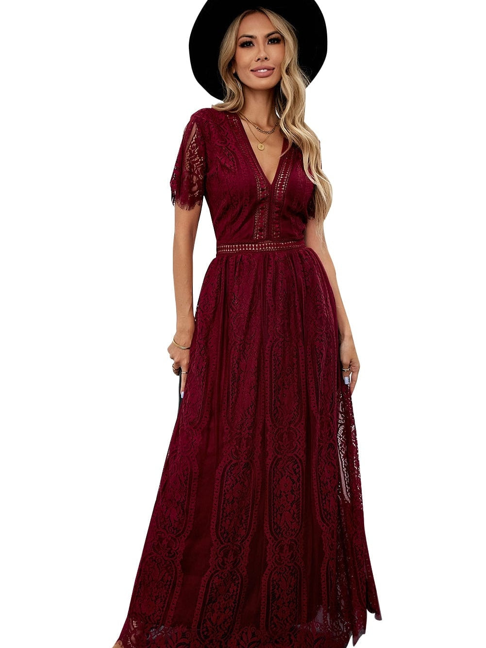 Fiery Red Blue Heartwarming Lace Maxi Dress