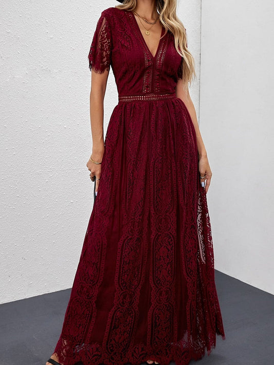 Fiery Red Blue Heartwarming Lace Maxi Dress