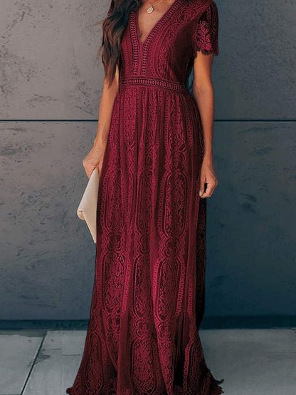 Fiery Red Blue Heartwarming Lace Maxi Dress