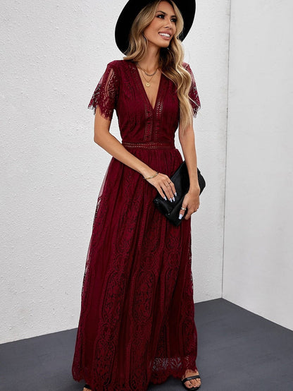 Fiery Red Blue Heartwarming Lace Maxi Dress