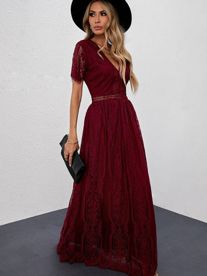 Fiery Red Blue Heartwarming Lace Maxi Dress