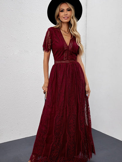 Fiery Red Blue Heartwarming Lace Maxi Dress