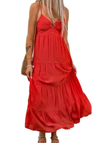 Fiery Red Boho Chic Tiered Maxi Dress with O-ring Detail