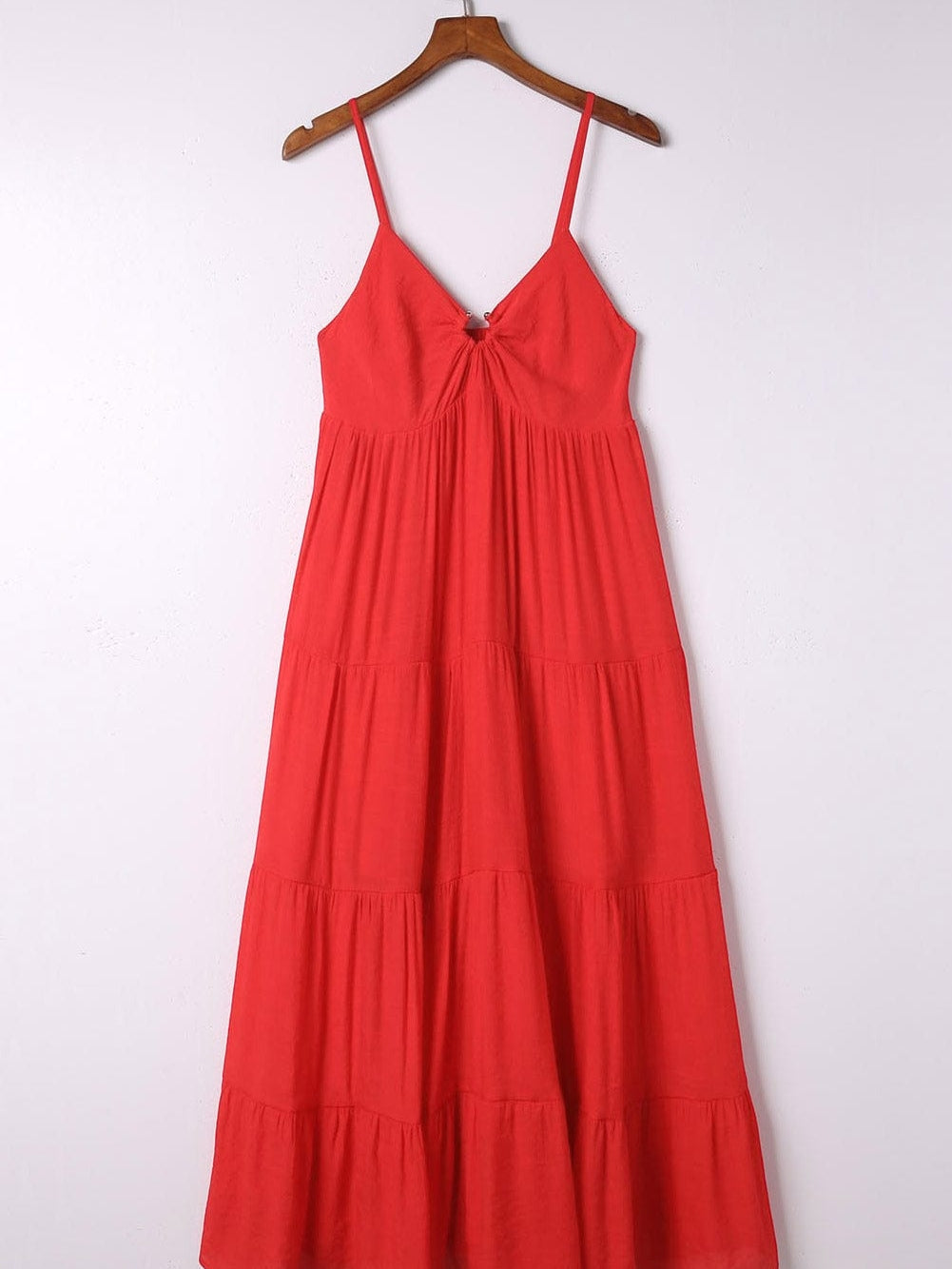 Fiery Red Boho Chic Tiered Maxi Dress with O-ring Detail