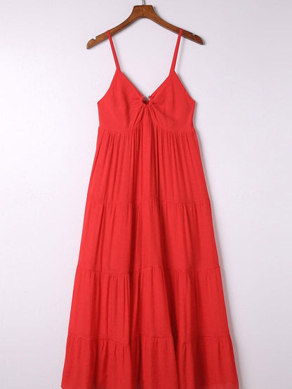 Fiery Red Boho Chic Tiered Maxi Dress with O-ring Detail