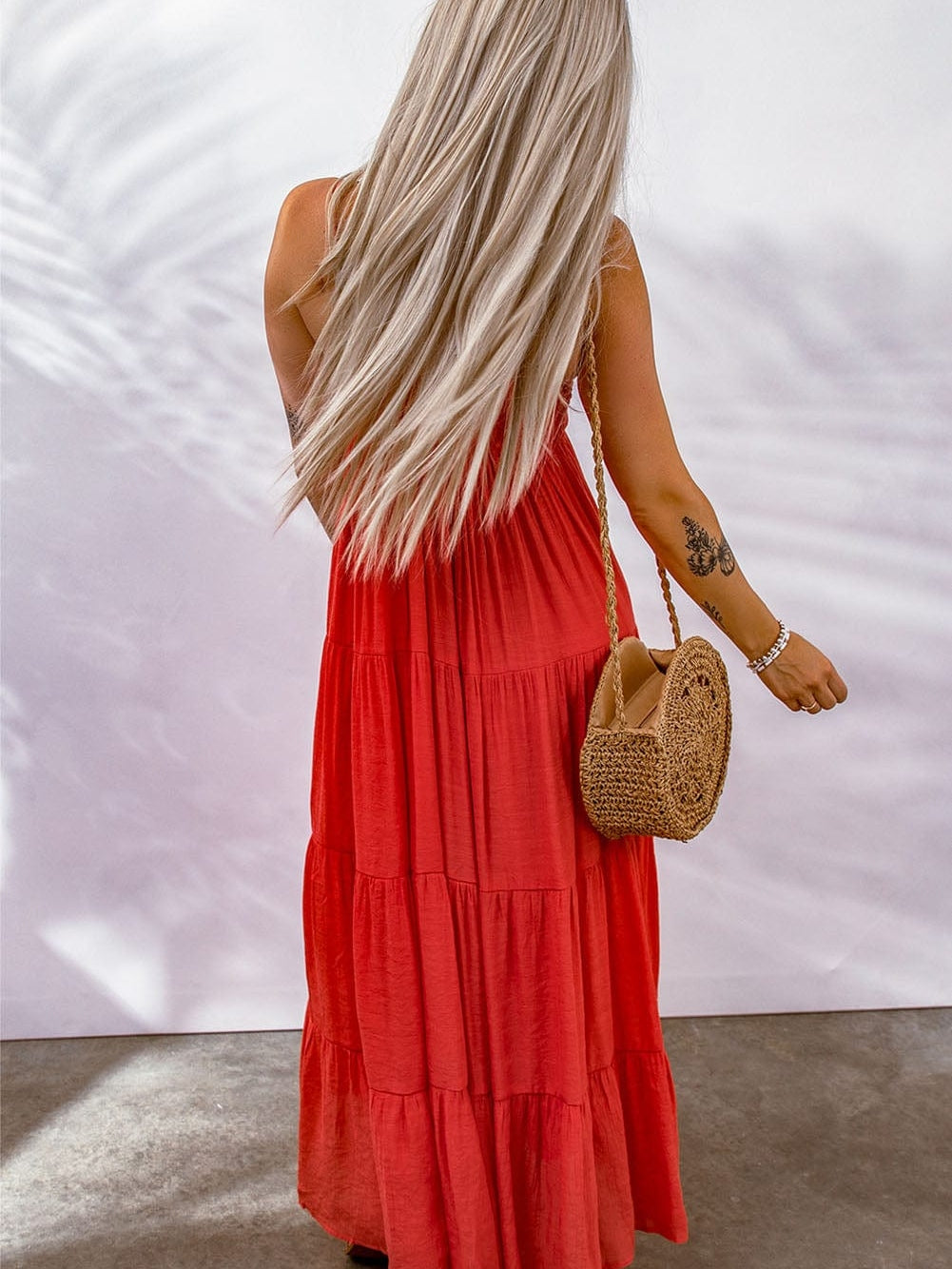 Fiery Red Boho Chic Tiered Maxi Dress with O-ring Detail