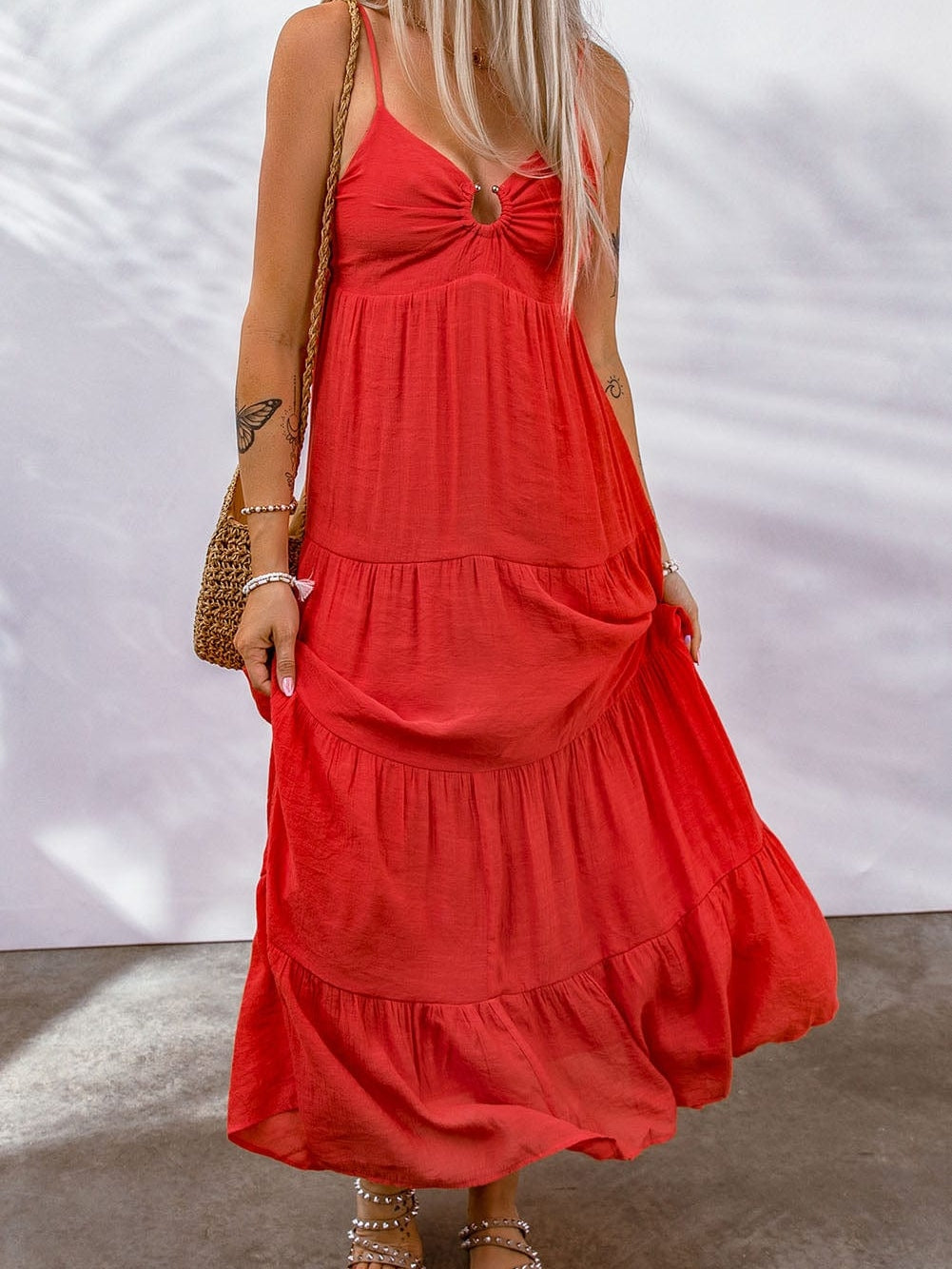 Fiery Red Boho Chic Tiered Maxi Dress with O-ring Detail