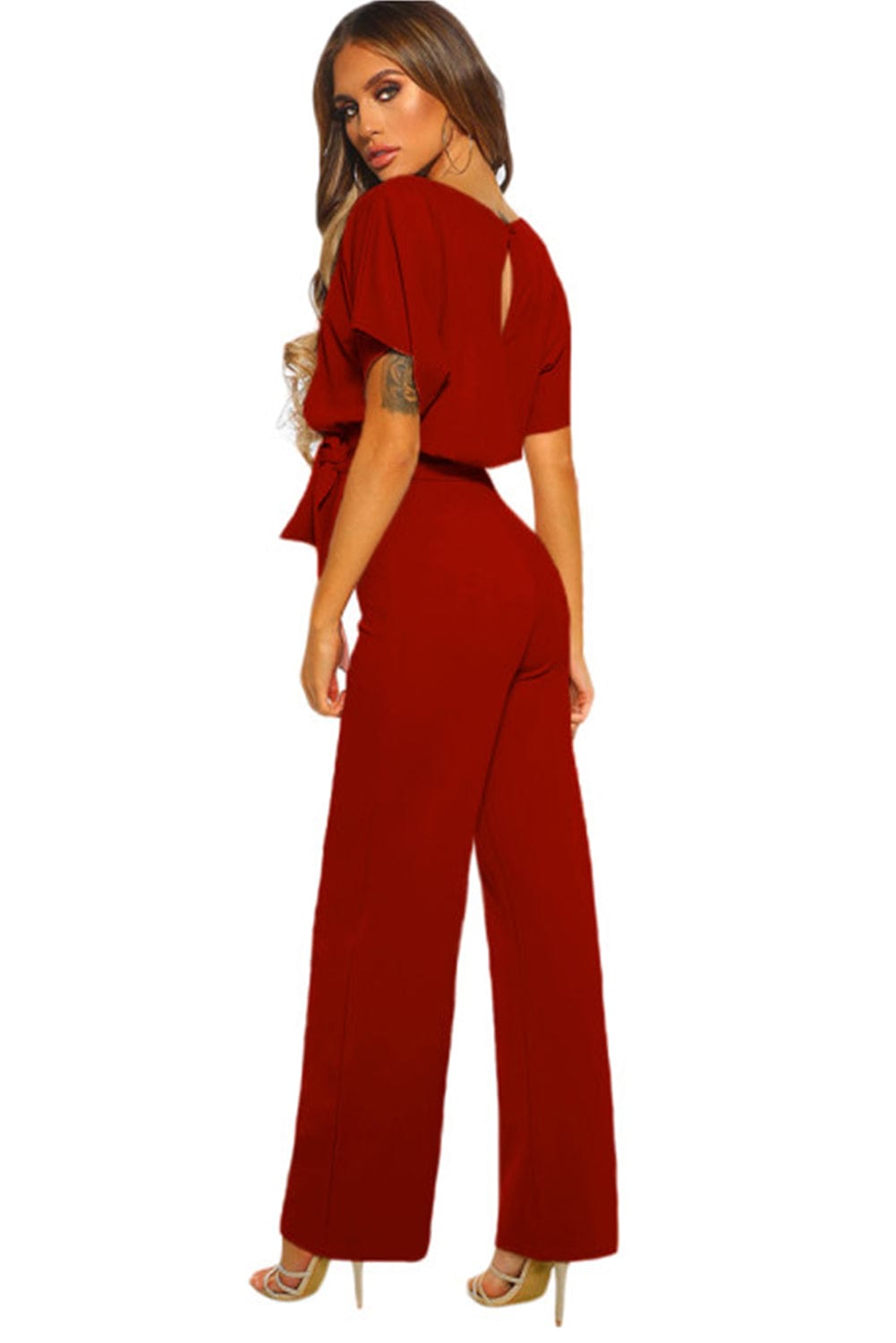 Fiery Red Chic Belted Wide Leg Jumpsuit