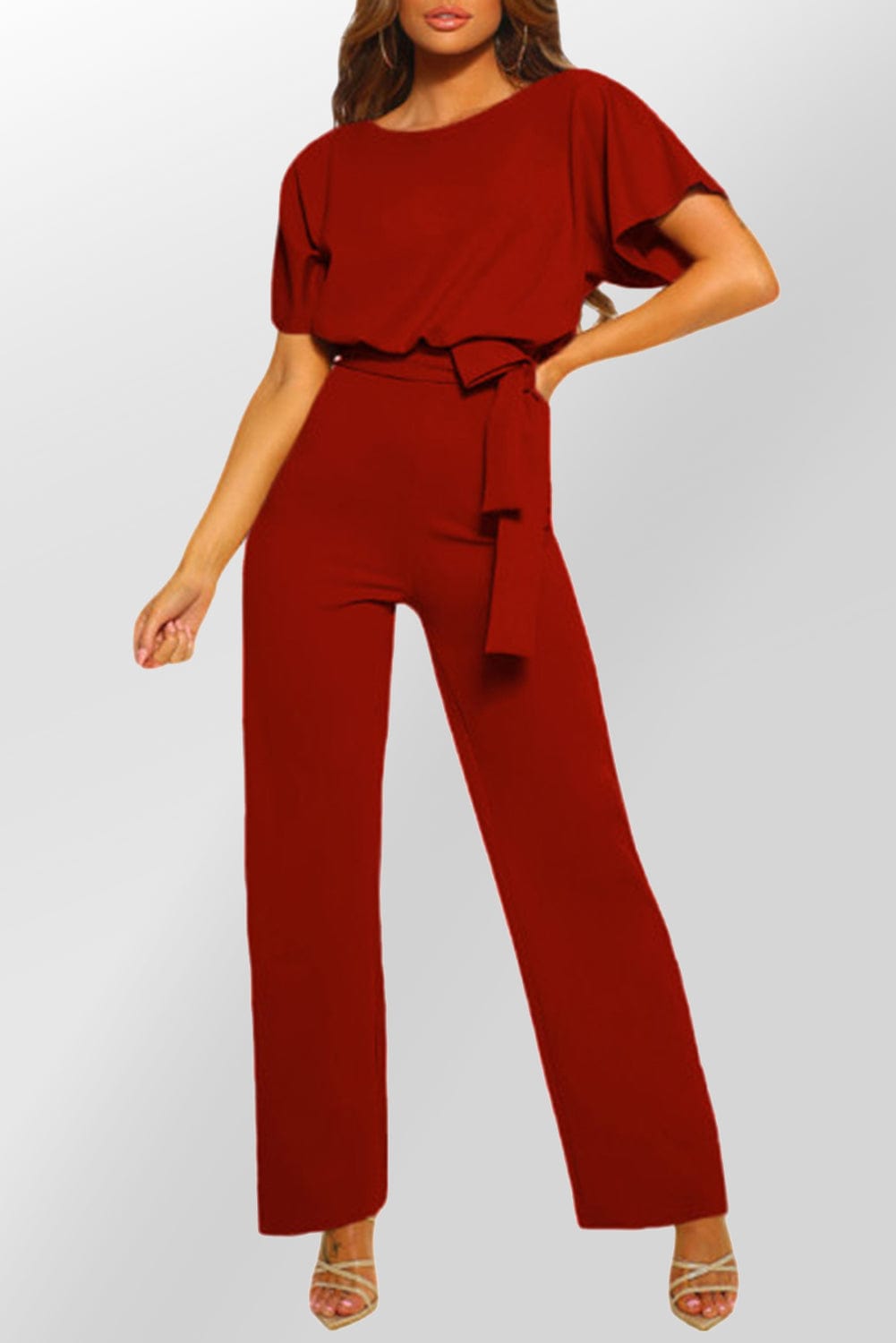 Fiery Red Chic Belted Wide Leg Jumpsuit