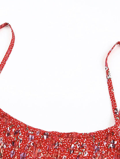Fiery Red Ditsy Floral Print Smocked Flounce Camisole