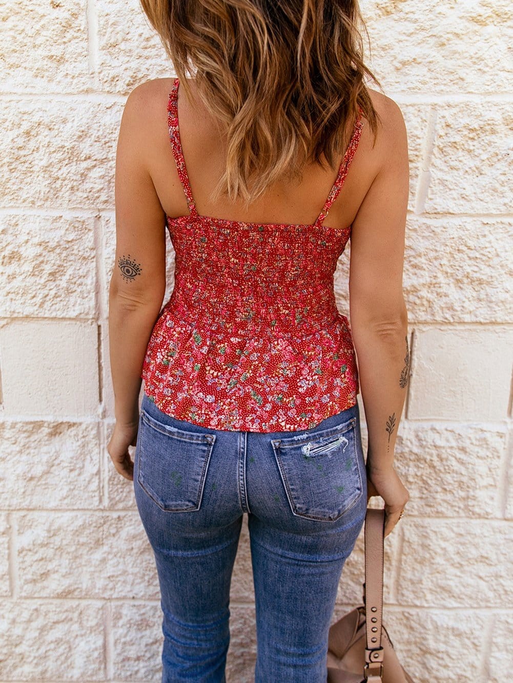 Fiery Red Ditsy Floral Print Smocked Flounce Camisole