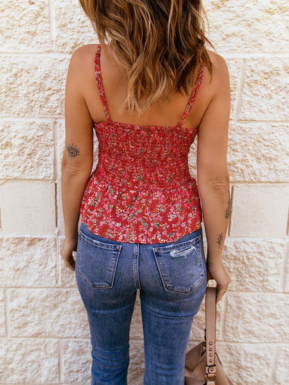 Fiery Red Ditsy Floral Print Smocked Flounce Camisole