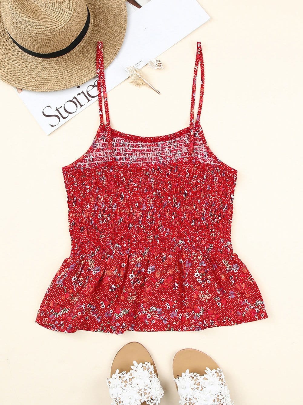 Fiery Red Ditsy Floral Print Smocked Flounce Camisole