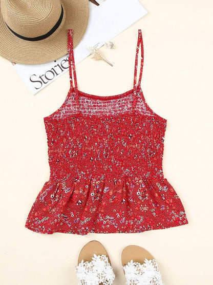 Fiery Red Ditsy Floral Print Smocked Flounce Camisole