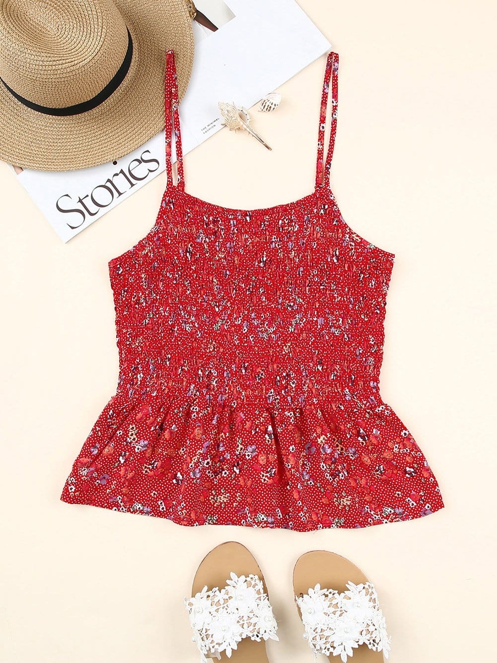 Fiery Red Ditsy Floral Print Smocked Flounce Camisole