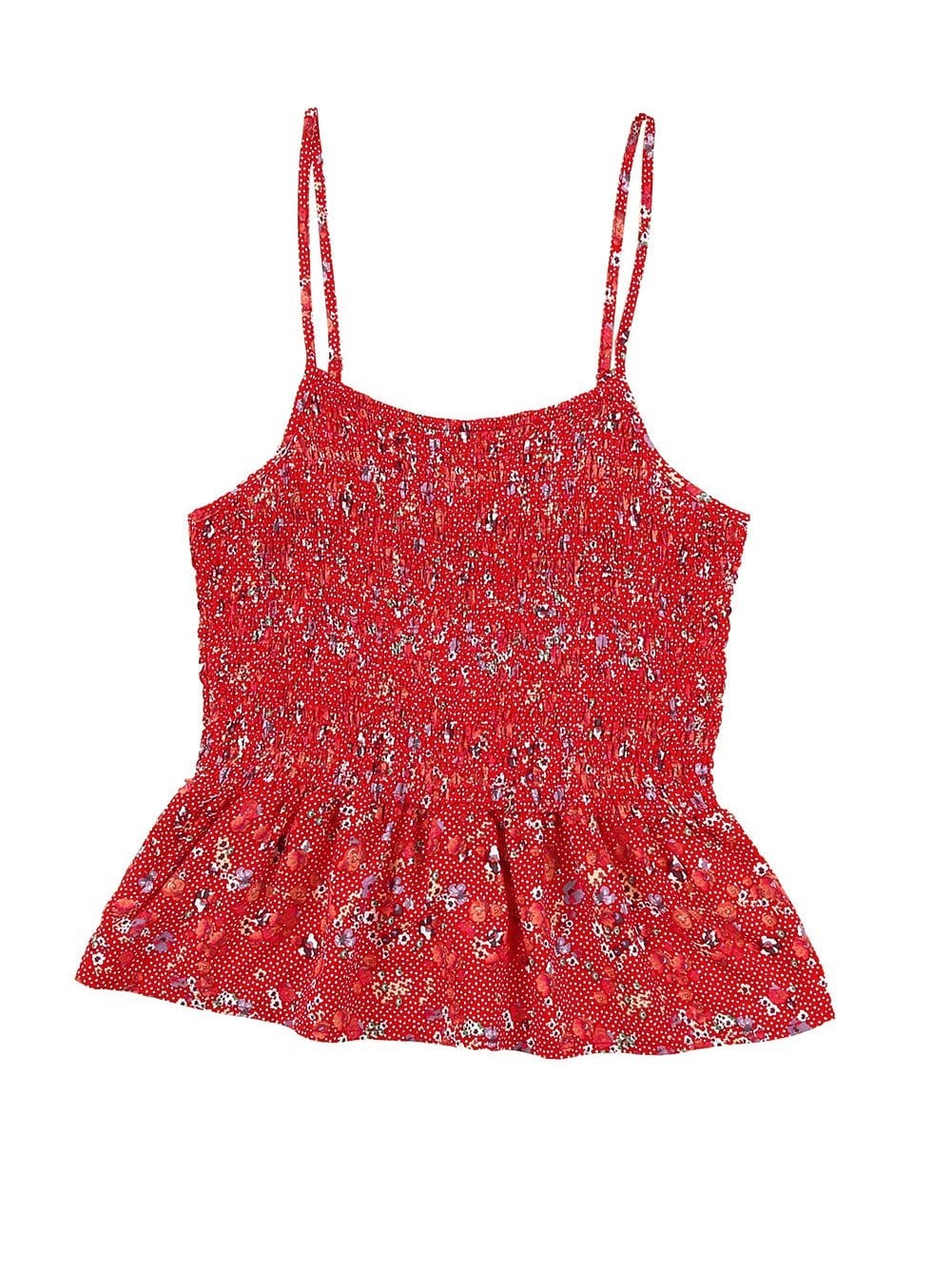 Fiery Red Ditsy Floral Print Smocked Flounce Camisole