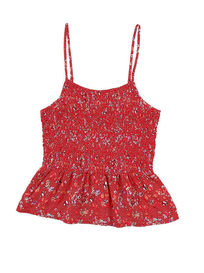Fiery Red Ditsy Floral Print Smocked Flounce Camisole