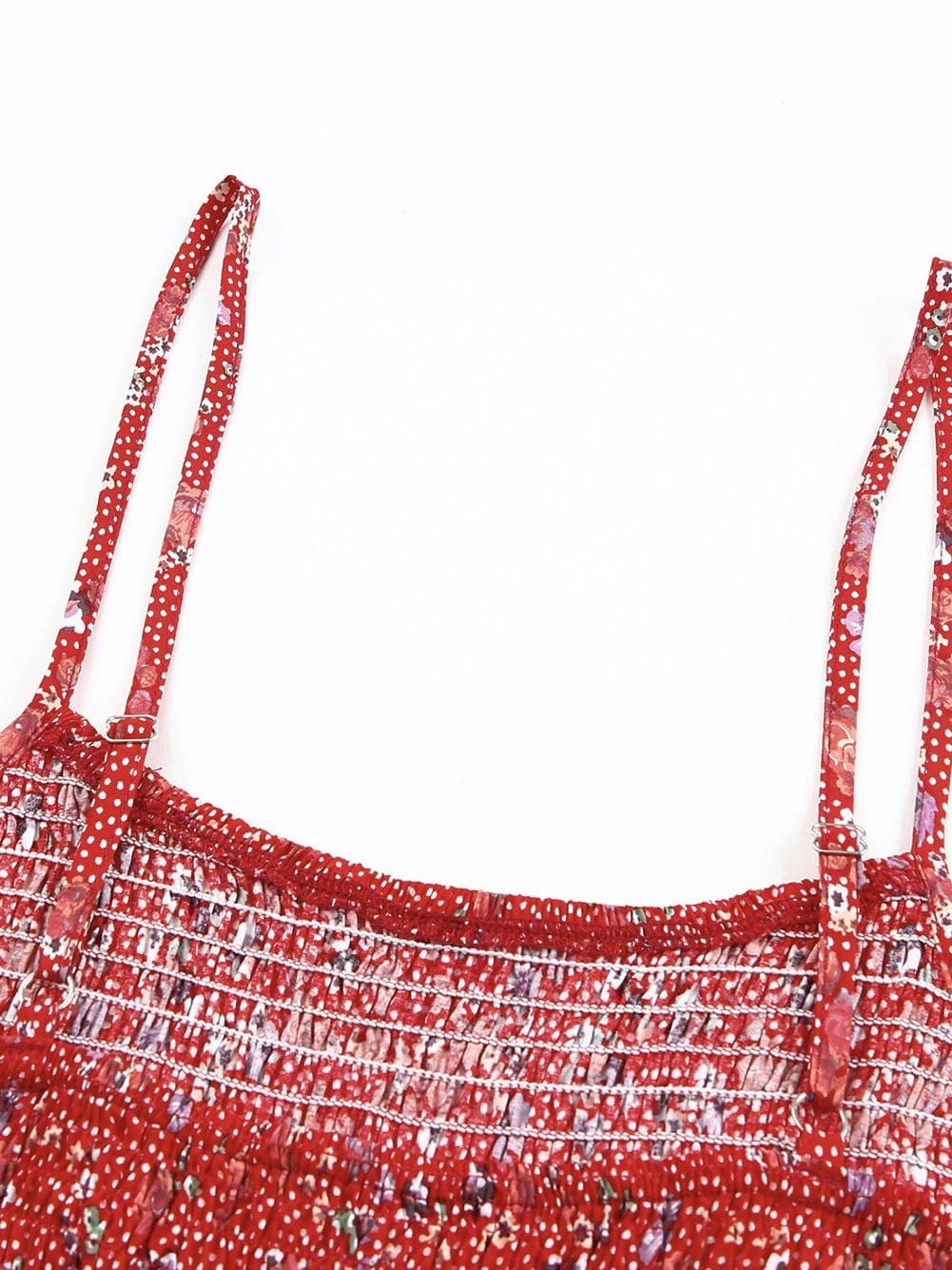 Fiery Red Ditsy Floral Print Smocked Flounce Camisole