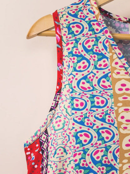 Fiery Red Floral Color Block V Neck Sleeveless Mini Dress