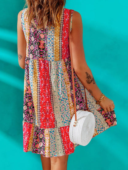 Fiery Red Floral Color Block V Neck Sleeveless Mini Dress