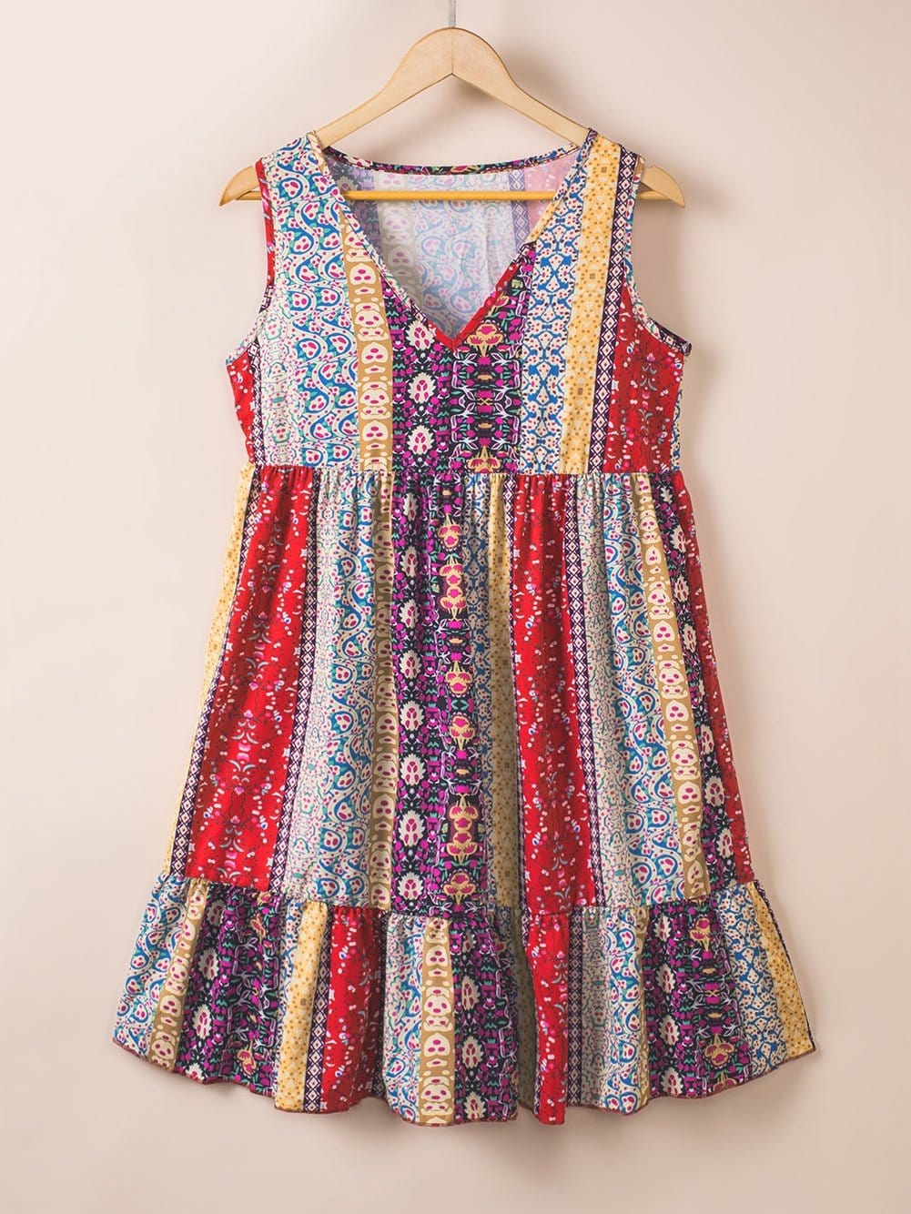 Fiery Red Floral Color Block V Neck Sleeveless Mini Dress