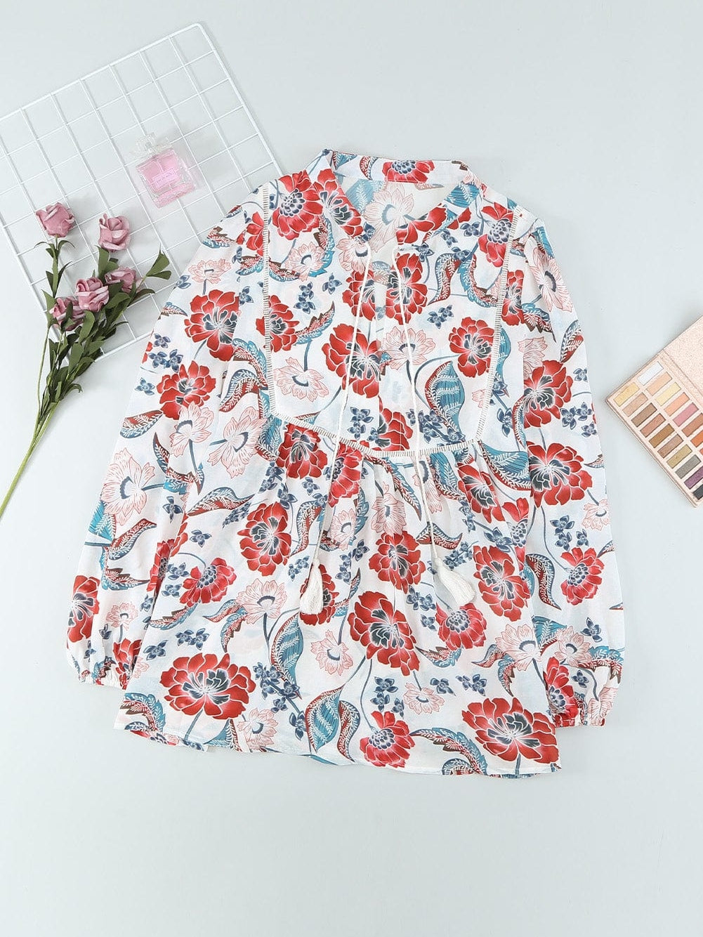 Fiery Red Floral Patchwork Bohemian Blouse with Bubble Sleeves