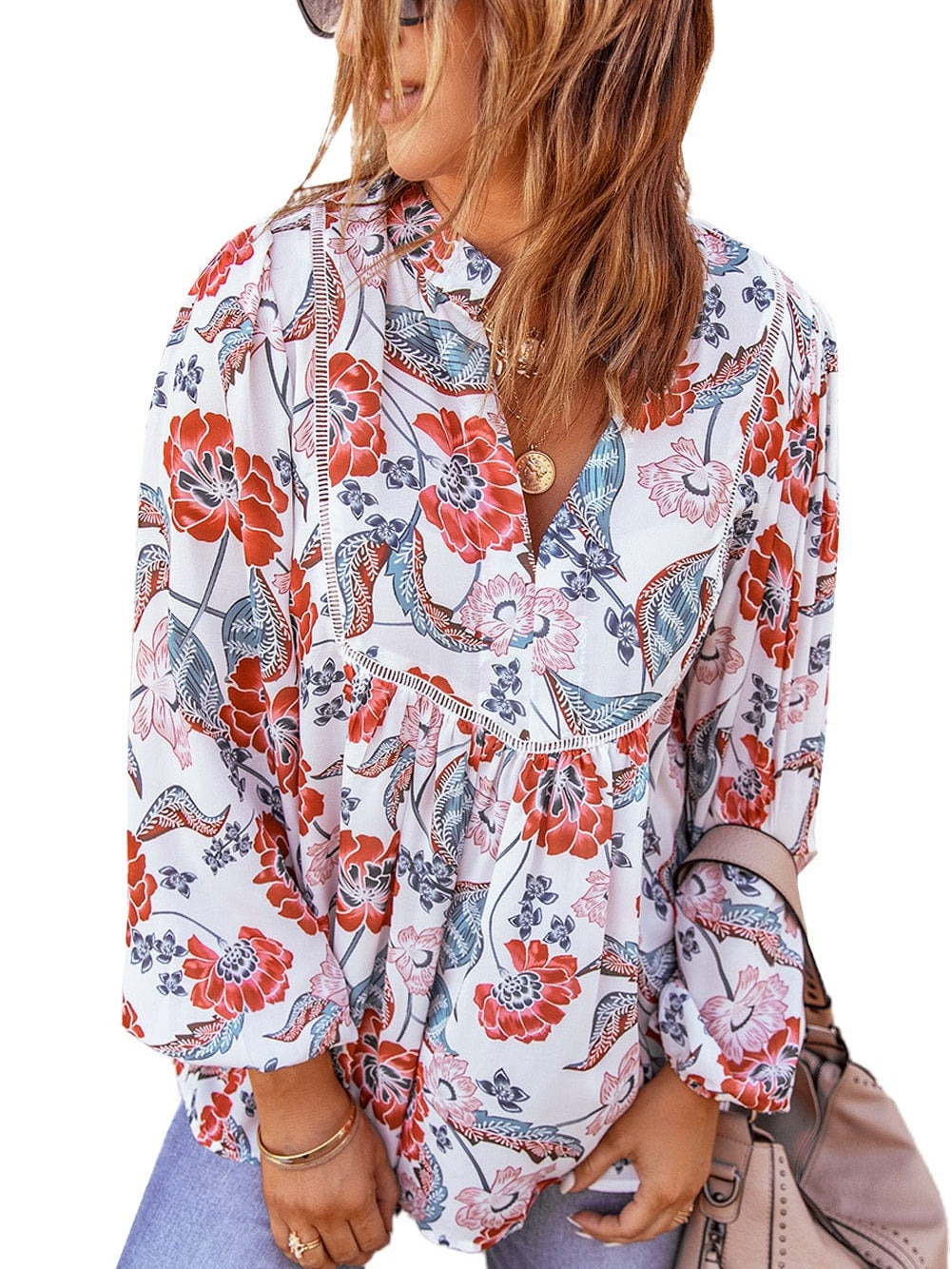 Fiery Red Floral Patchwork Bohemian Blouse with Bubble Sleeves