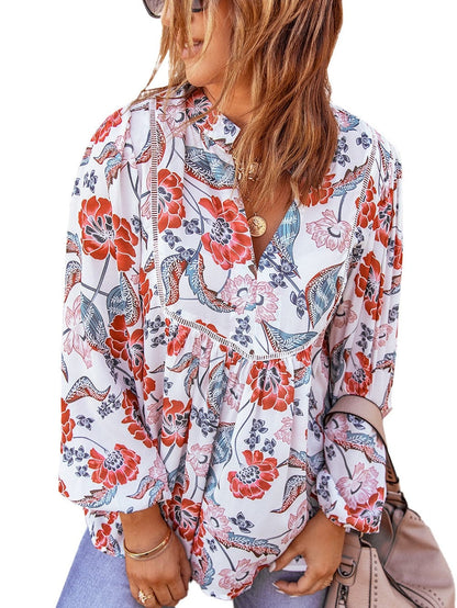 Fiery Red Floral Patchwork Bohemian Blouse with Bubble Sleeves