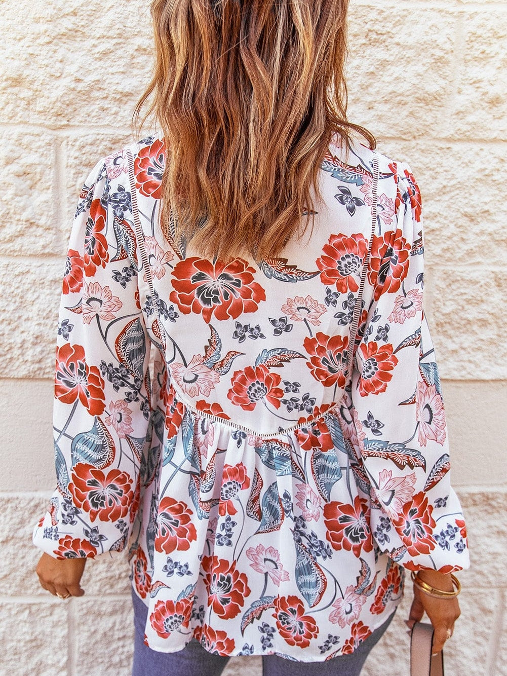 Fiery Red Floral Patchwork Bohemian Blouse with Bubble Sleeves