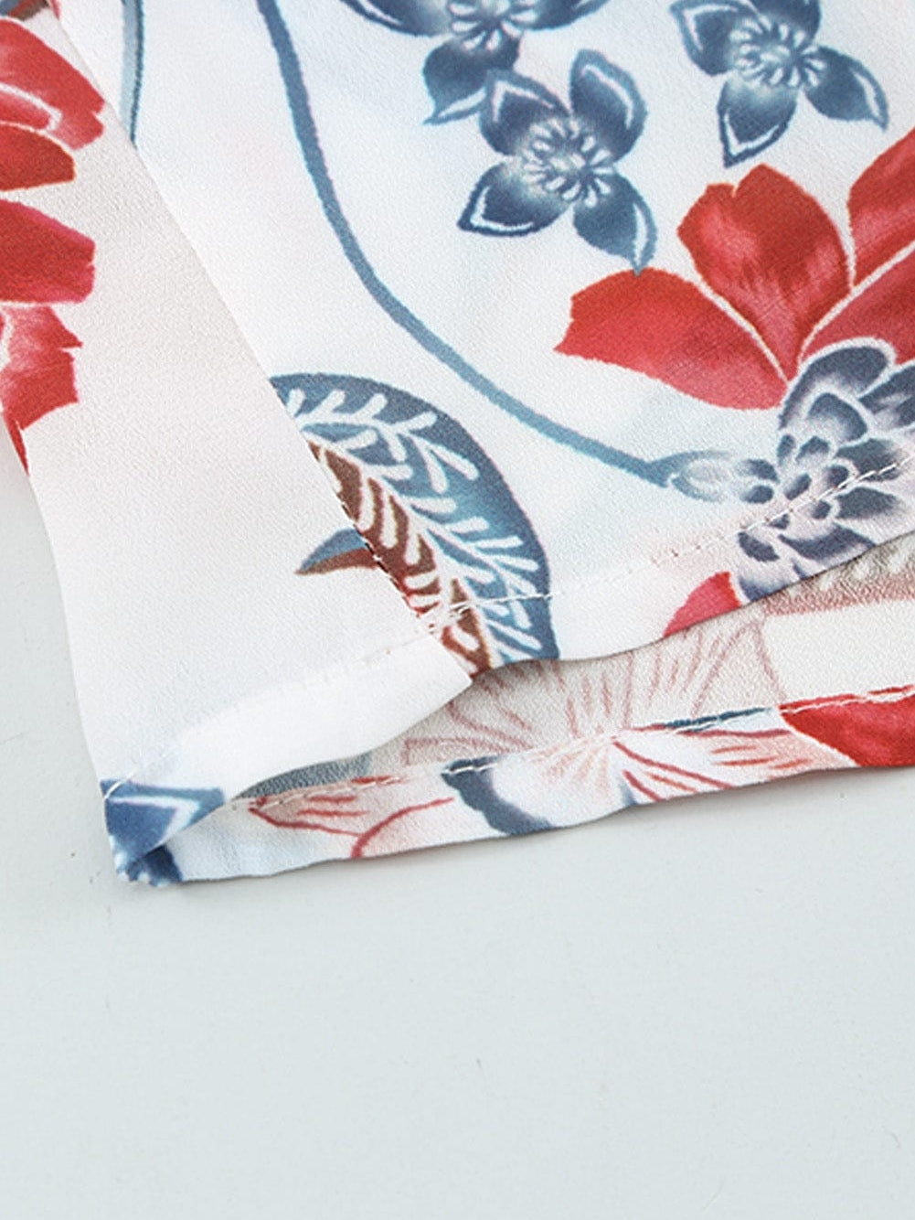 Fiery Red Floral Patchwork Bohemian Blouse with Bubble Sleeves