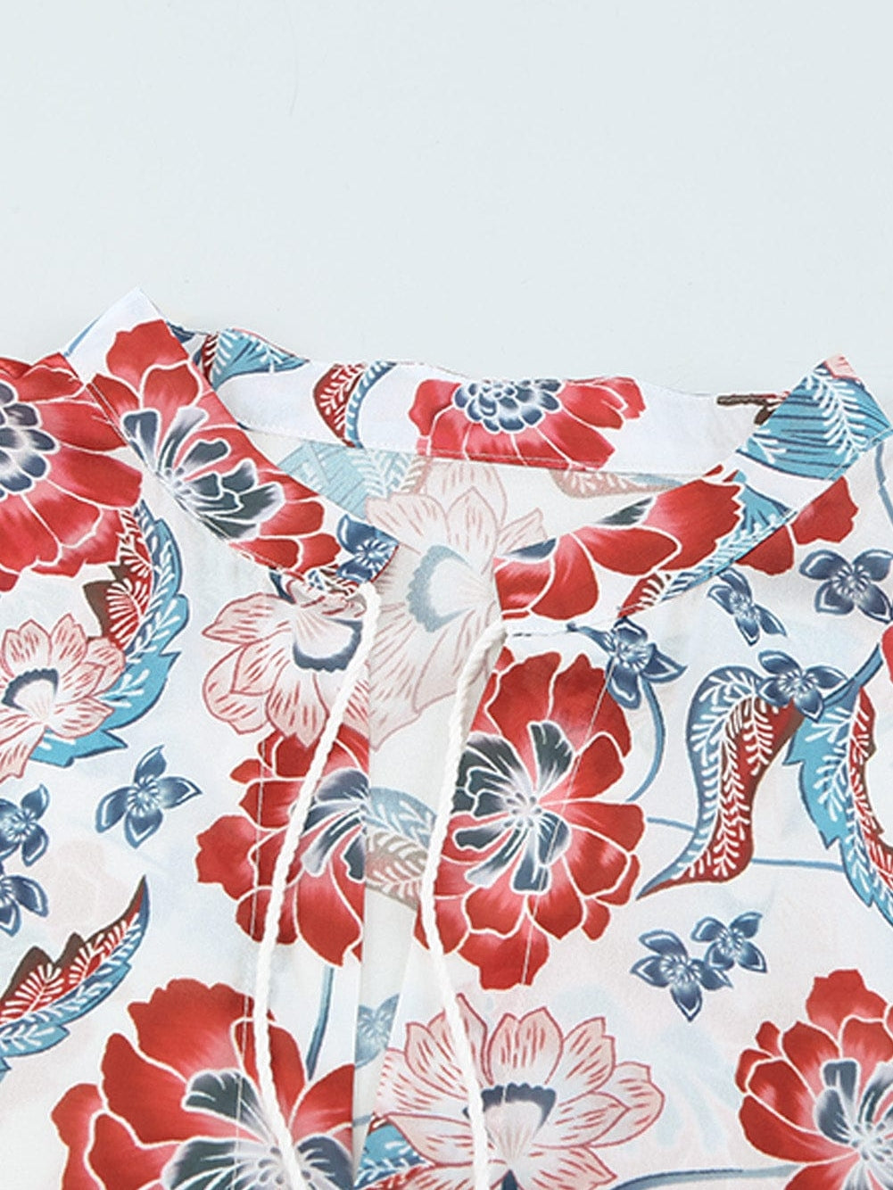 Fiery Red Floral Patchwork Bohemian Blouse with Bubble Sleeves