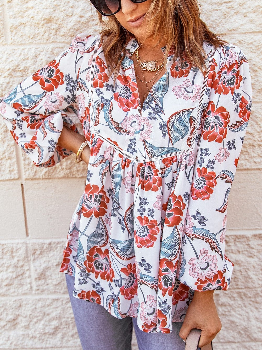 Fiery Red Floral Patchwork Bohemian Blouse with Bubble Sleeves