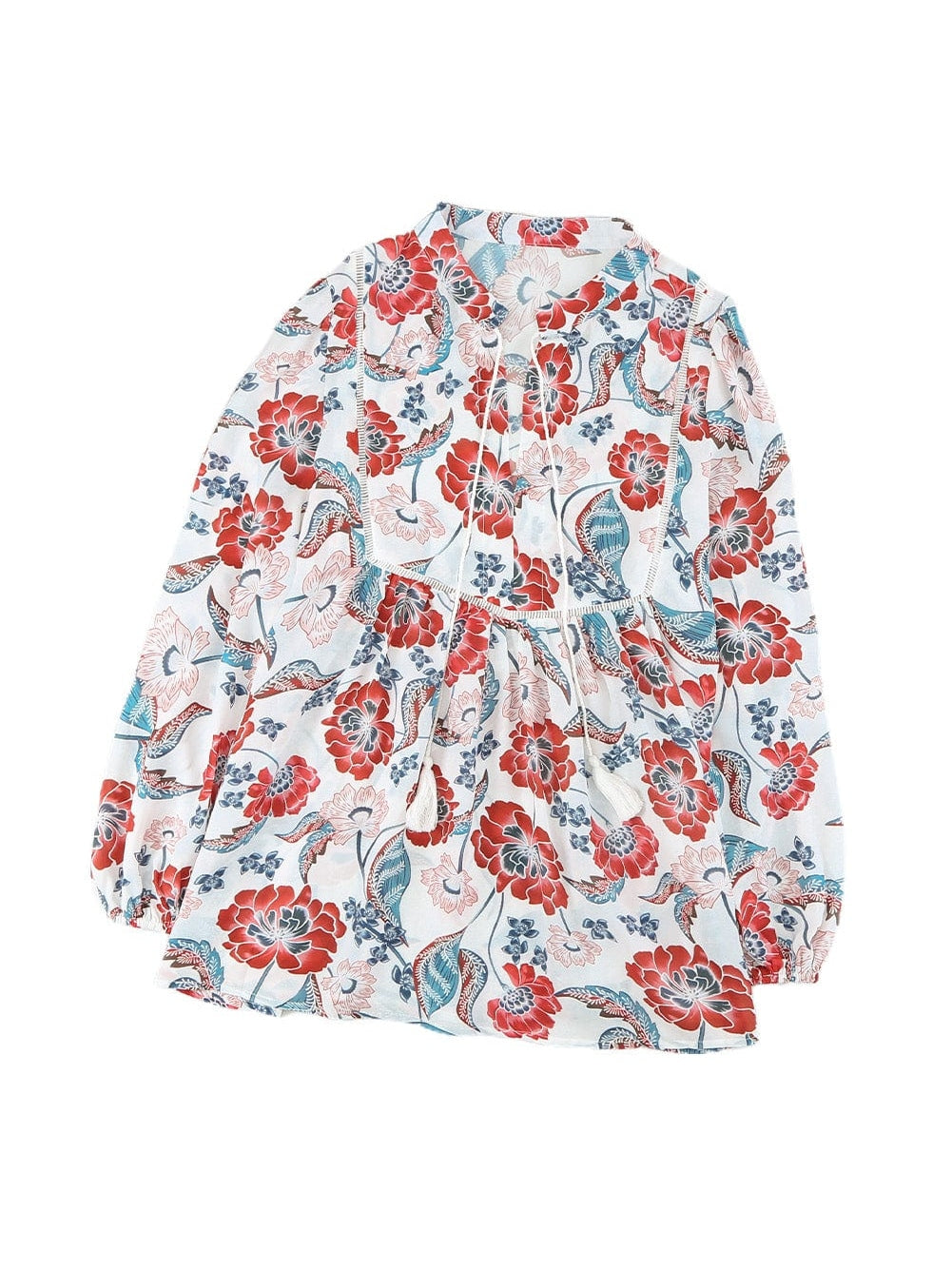 Fiery Red Floral Patchwork Bohemian Blouse with Bubble Sleeves