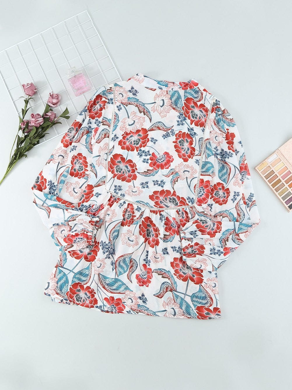 Fiery Red Floral Patchwork Bohemian Blouse with Bubble Sleeves