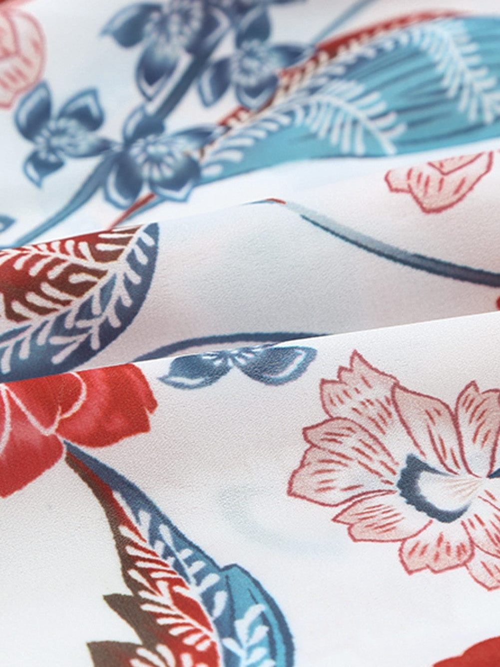 Fiery Red Floral Patchwork Bohemian Blouse with Bubble Sleeves