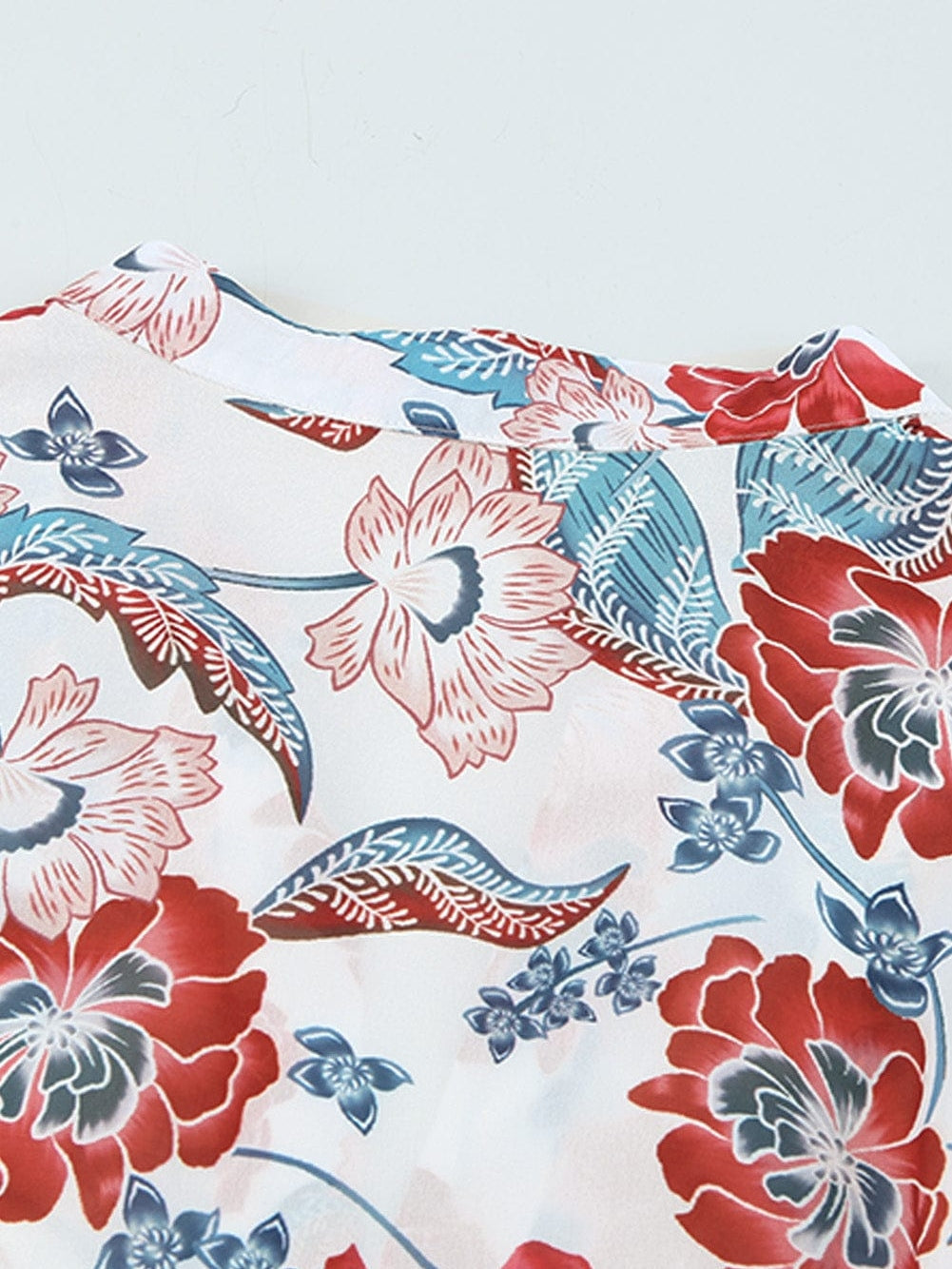 Fiery Red Floral Patchwork Bohemian Blouse with Bubble Sleeves