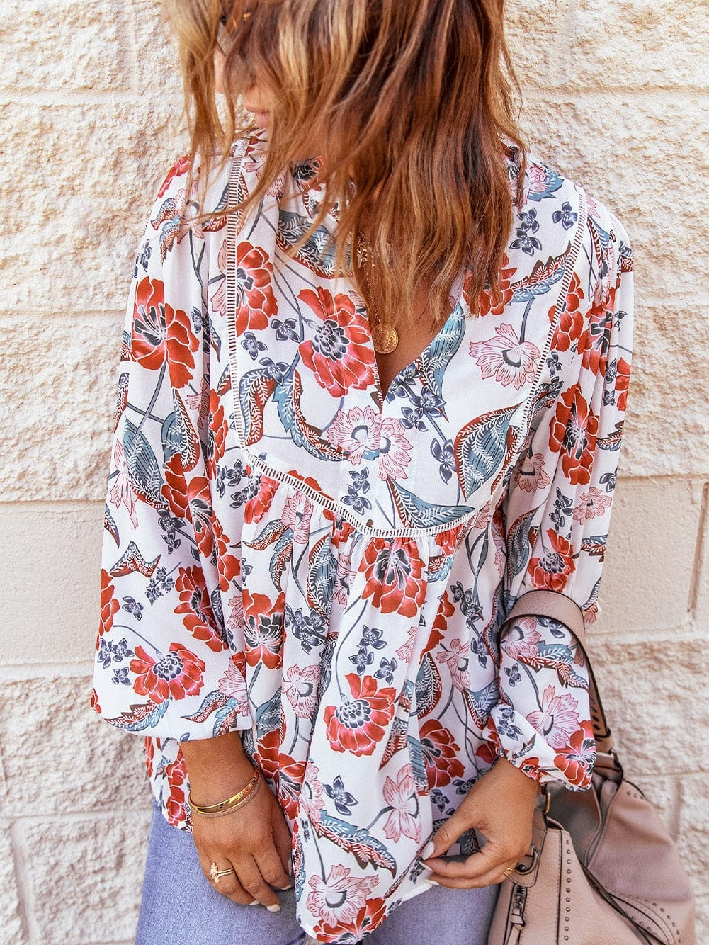 Fiery Red Floral Patchwork Bohemian Blouse with Bubble Sleeves