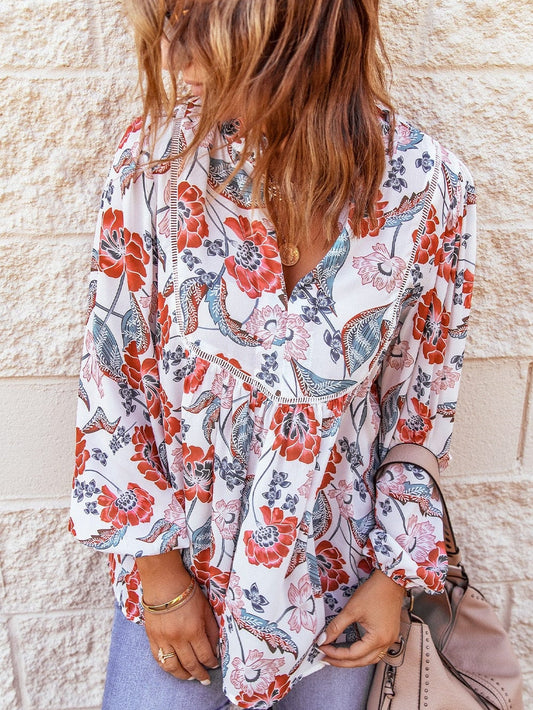 Fiery Red Floral Patchwork Bohemian Blouse with Bubble Sleeves