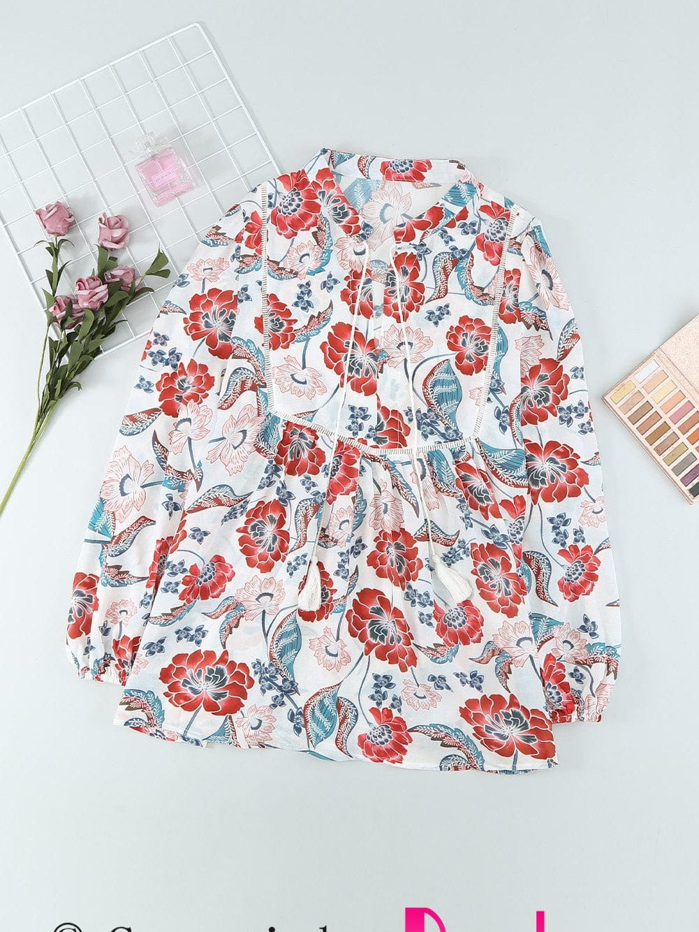 Fiery Red Floral Patchwork Bohemian Blouse with Bubble Sleeves