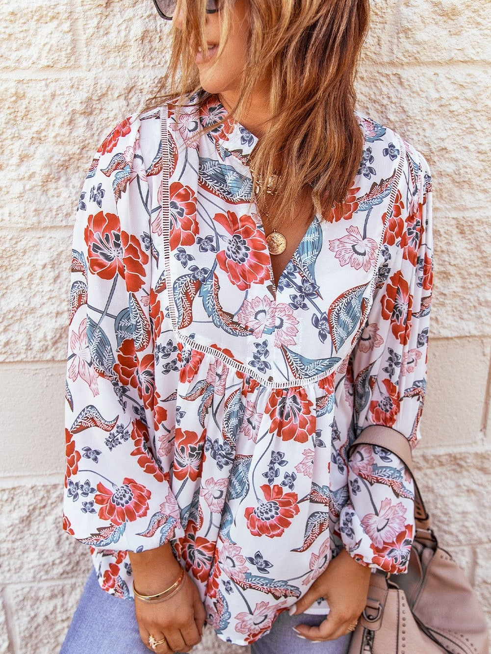 Fiery Red Floral Patchwork Bohemian Blouse with Bubble Sleeves