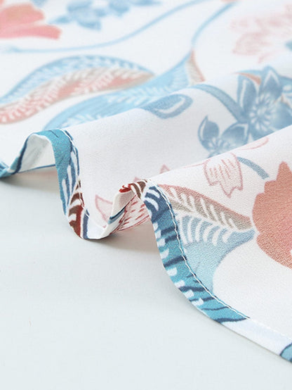 Fiery Red Floral Patchwork Bohemian Blouse with Bubble Sleeves