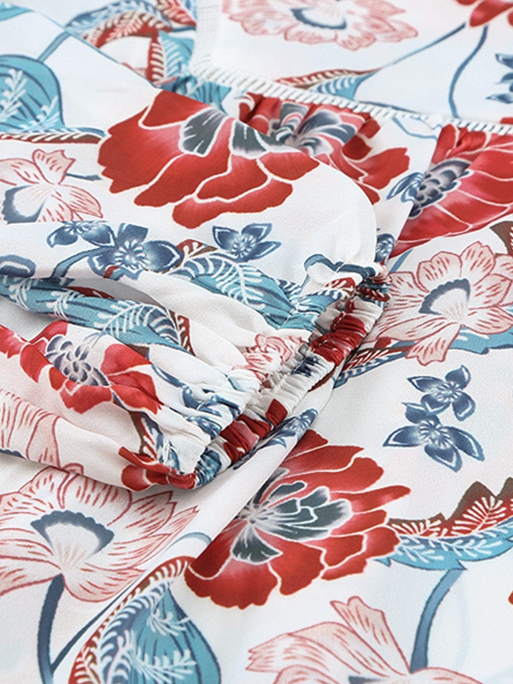 Fiery Red Floral Patchwork Bohemian Blouse with Bubble Sleeves