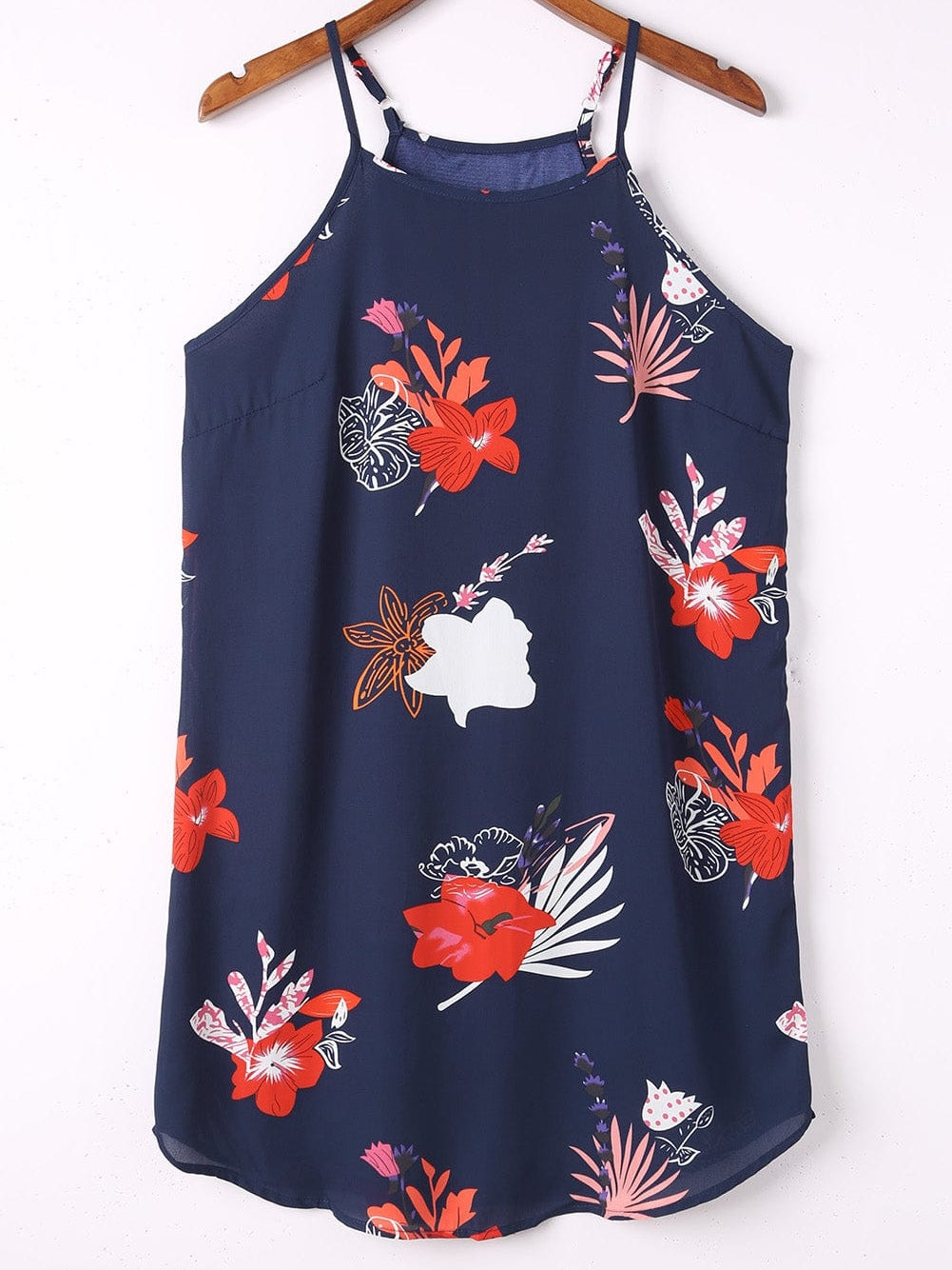 Fiery Red Floral Print Navy Sleeveless Mini Dress