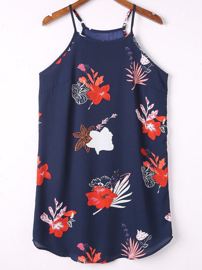 Fiery Red Floral Print Navy Sleeveless Mini Dress
